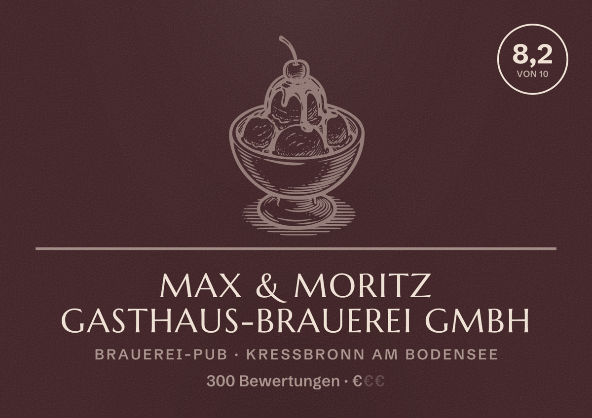 Illustriertes Poster von Max & Moritz Gasthaus-Brauerei GmbH, Brauerei-Pub in Kressbronn am Bodensee: Bewertung 8,2 von 10 aus 300 Bewertungen, Preisniveau €