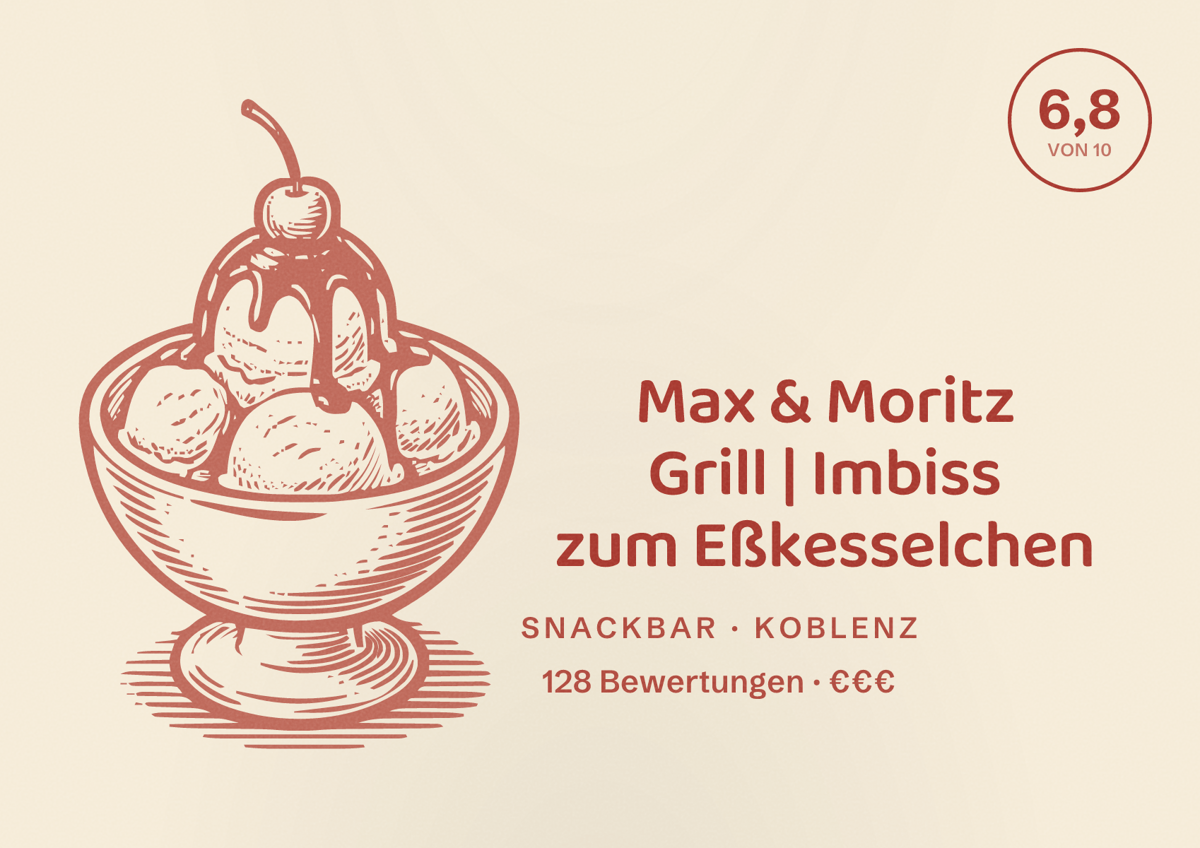 Illustriertes Poster von Max & Moritz Grill | Imbiss zum Eßkesselchen, Snackbar in Koblenz: Bewertung 6,8 von 10 aus 128 Bewertungen, Preisniveau €€€