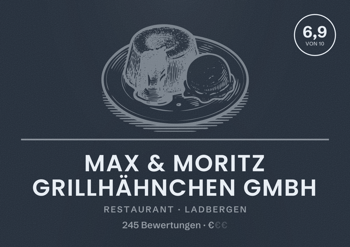 Illustriertes Poster von Max & Moritz Grillhähnchen Gmbh, Restaurant in Ladbergen: Bewertung 6,9 von 10 aus 245 Bewertungen, Preisniveau €