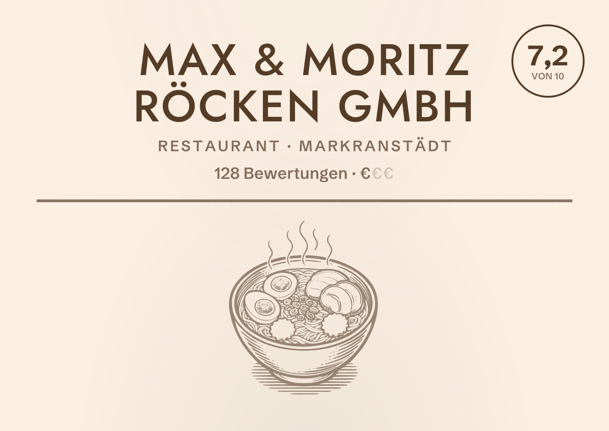 Illustriertes Poster von Max & Moritz Röcken GmbH, Restaurant in Markranstädt: Bewertung 7,2 von 10 aus 128 Bewertungen, Preisniveau €