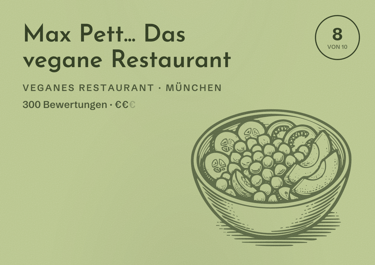 Illustriertes Poster von Max Pett... Das vegane Restaurant, Veganes Restaurant in München: Bewertung 8,0 von 10 aus 300 Bewertungen, Preisniveau €€