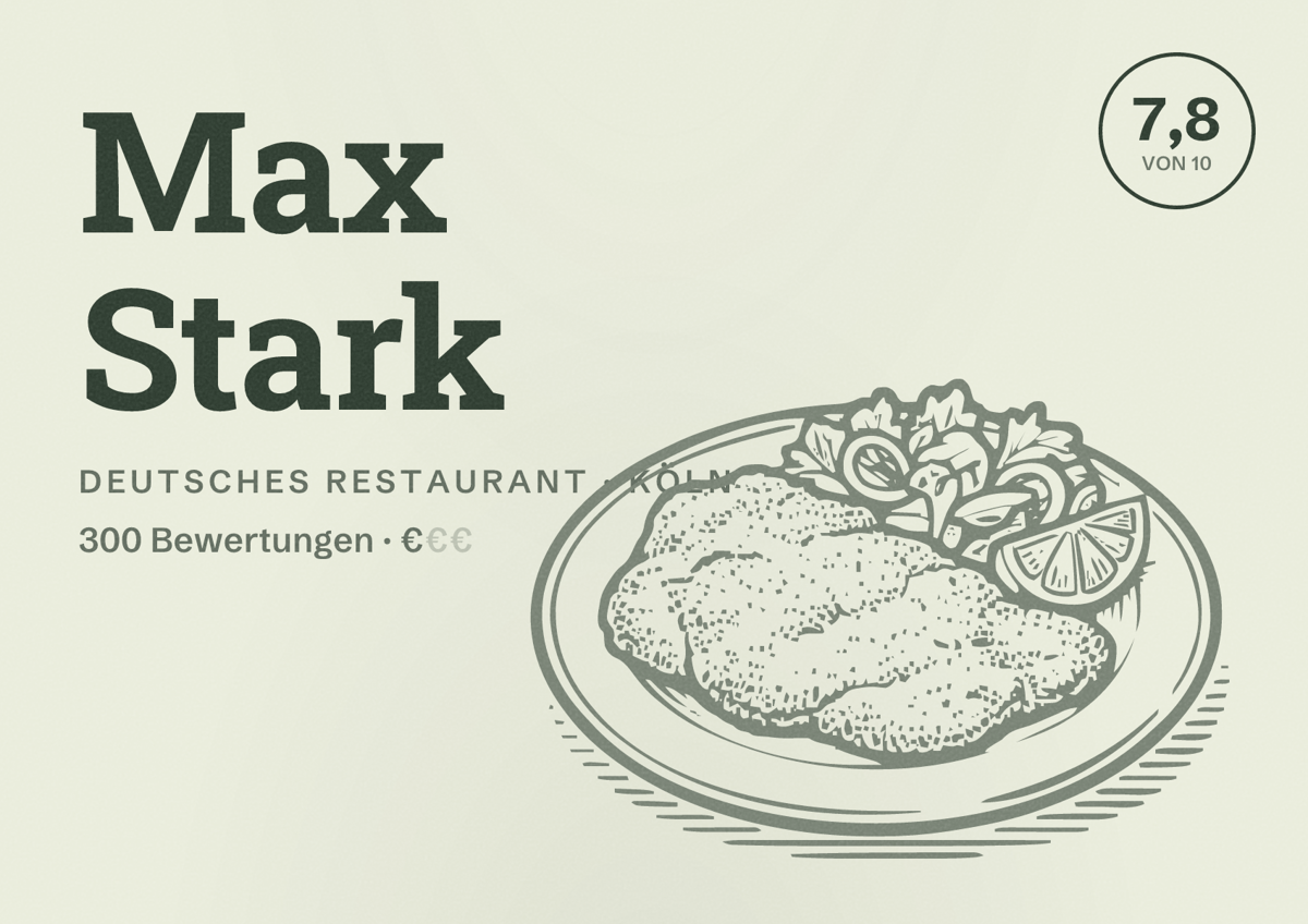 Illustriertes Poster von Max Stark, Deutsches Restaurant in Köln: Bewertung 7,8 von 10 aus 300 Bewertungen, Preisniveau €