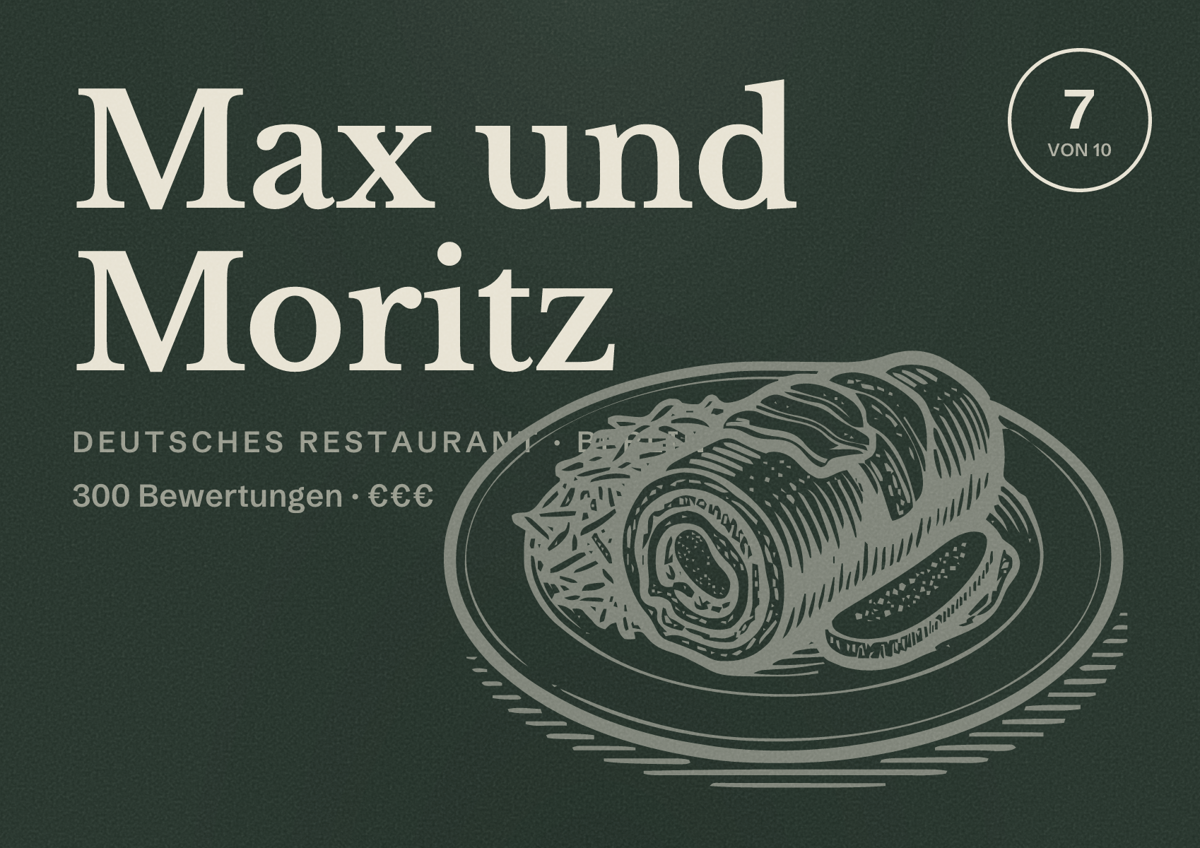 Illustriertes Poster von Max und Moritz, Deutsches Restaurant in Berlin: Bewertung 7,0 von 10 aus 300 Bewertungen, Preisniveau €€€