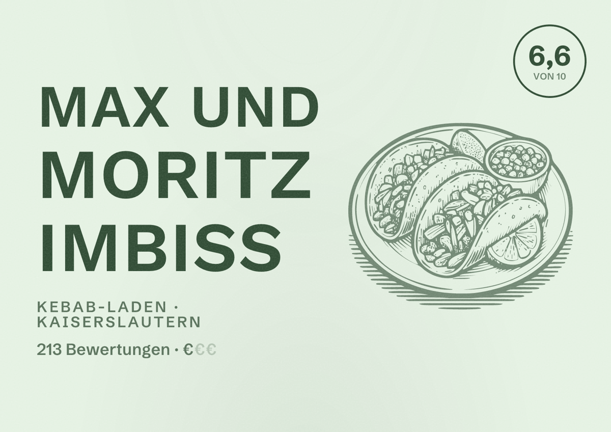 Illustriertes Poster von Max und Moritz Imbiss, Kebab-Laden in Kaiserslautern: Bewertung 6,6 von 10 aus 213 Bewertungen, Preisniveau €
