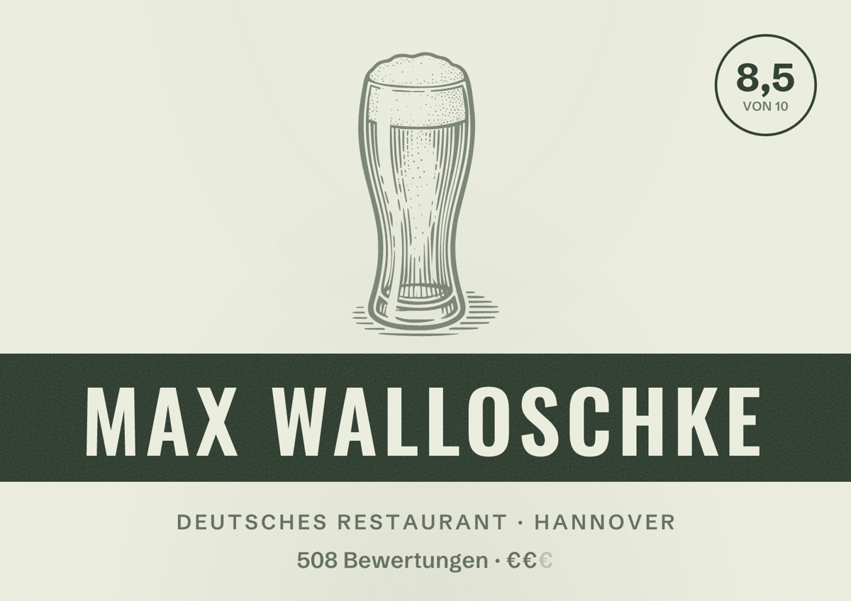 Illustriertes Poster von Max Walloschke, Deutsches Restaurant in Hannover: Bewertung 8,5 von 10 aus 508 Bewertungen, Preisniveau €€