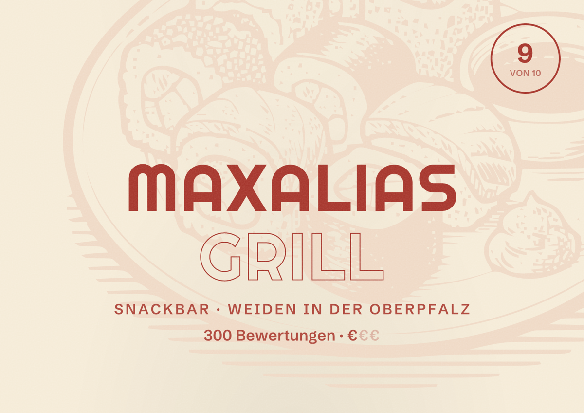 Illustriertes Poster von Maxalias Grill, Snackbar in Weiden in der Oberpfalz: Bewertung 9 von 10 aus 300 Bewertungen, Preisniveau €