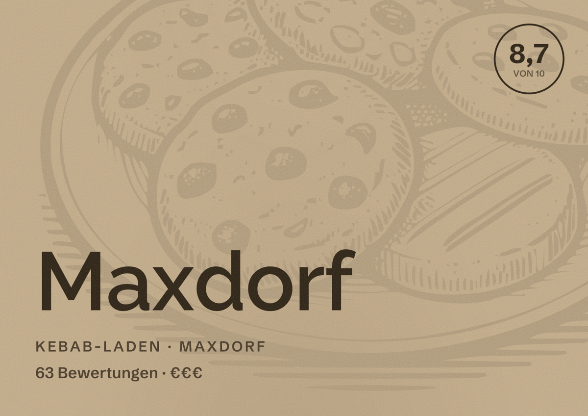 Illustriertes Poster von Maxdorf, Kebab-Laden in Maxdorf: Bewertung 8,7 von 10 aus 63 Bewertungen, Preisniveau €€€