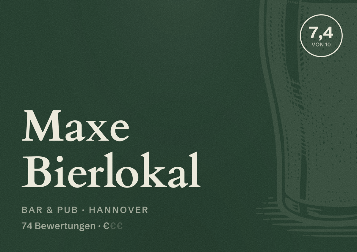 Illustriertes Poster von Maxe Bierlokal, Bar & Pub in Hannover: Bewertung 7,4 von 10 aus 74 Bewertungen, Preisniveau €