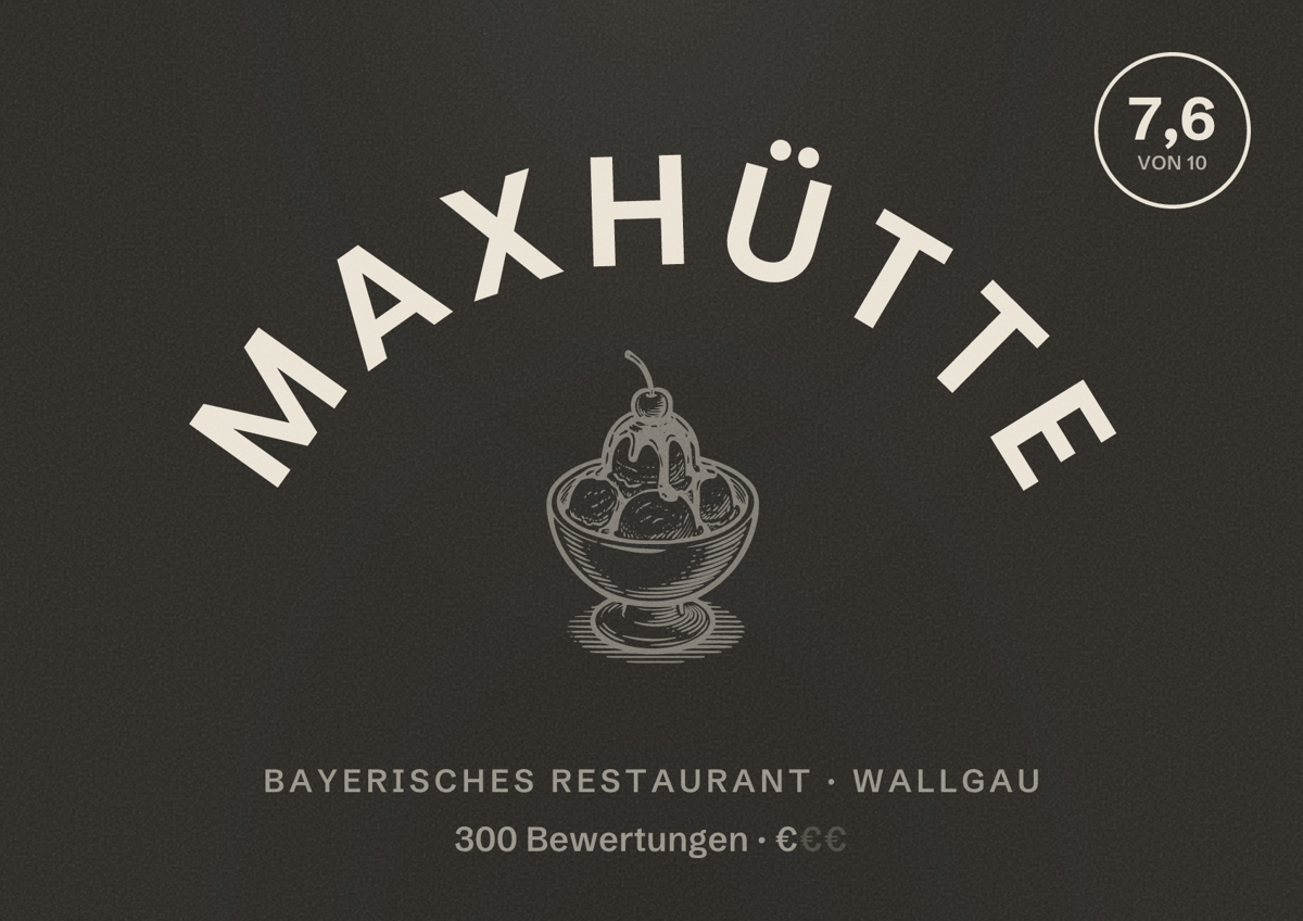 Illustriertes Poster von Maxhütte, Bayerisches Restaurant in Wallgau: Bewertung 7,6 von 10 aus 300 Bewertungen, Preisniveau €