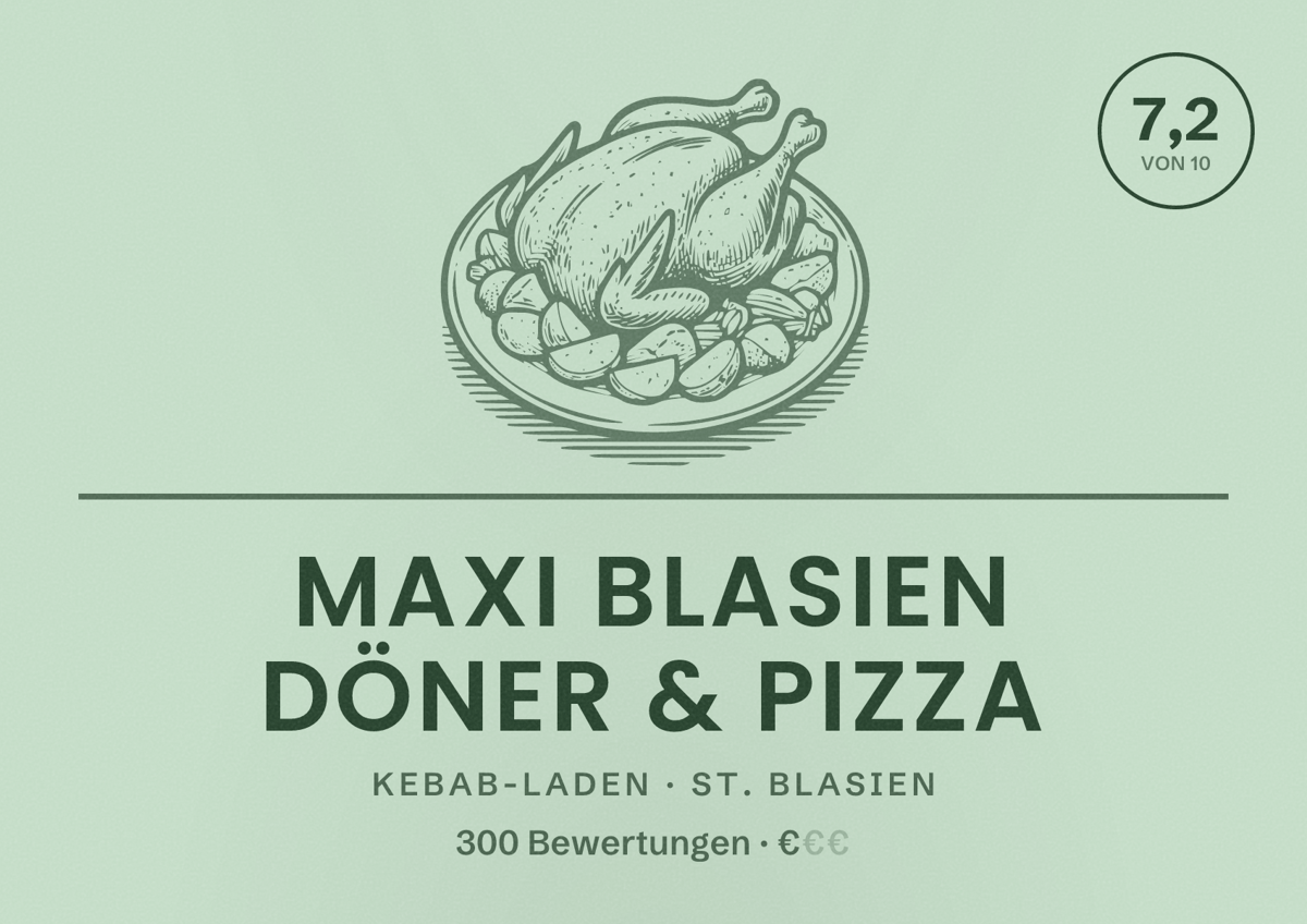 Illustriertes Poster von Maxi Blasien Döner & Pizza, Kebab-Laden in St. Blasien: Bewertung 7,2 von 10 aus 300 Bewertungen, Preisniveau €
