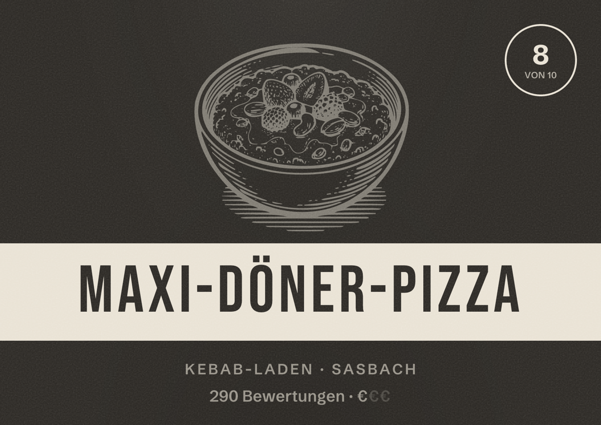 Illustriertes Poster von Maxi-Döner-Pizza, Kebab-Laden in Sasbach: Bewertung 8 von 10 aus 290 Bewertungen, Preisniveau €