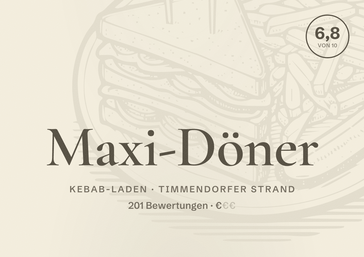 Illustriertes Poster von Maxi-Döner, Kebab-Laden in Timmendorfer Strand: Bewertung 6,8 von 10 aus 201 Bewertungen, Preisniveau €