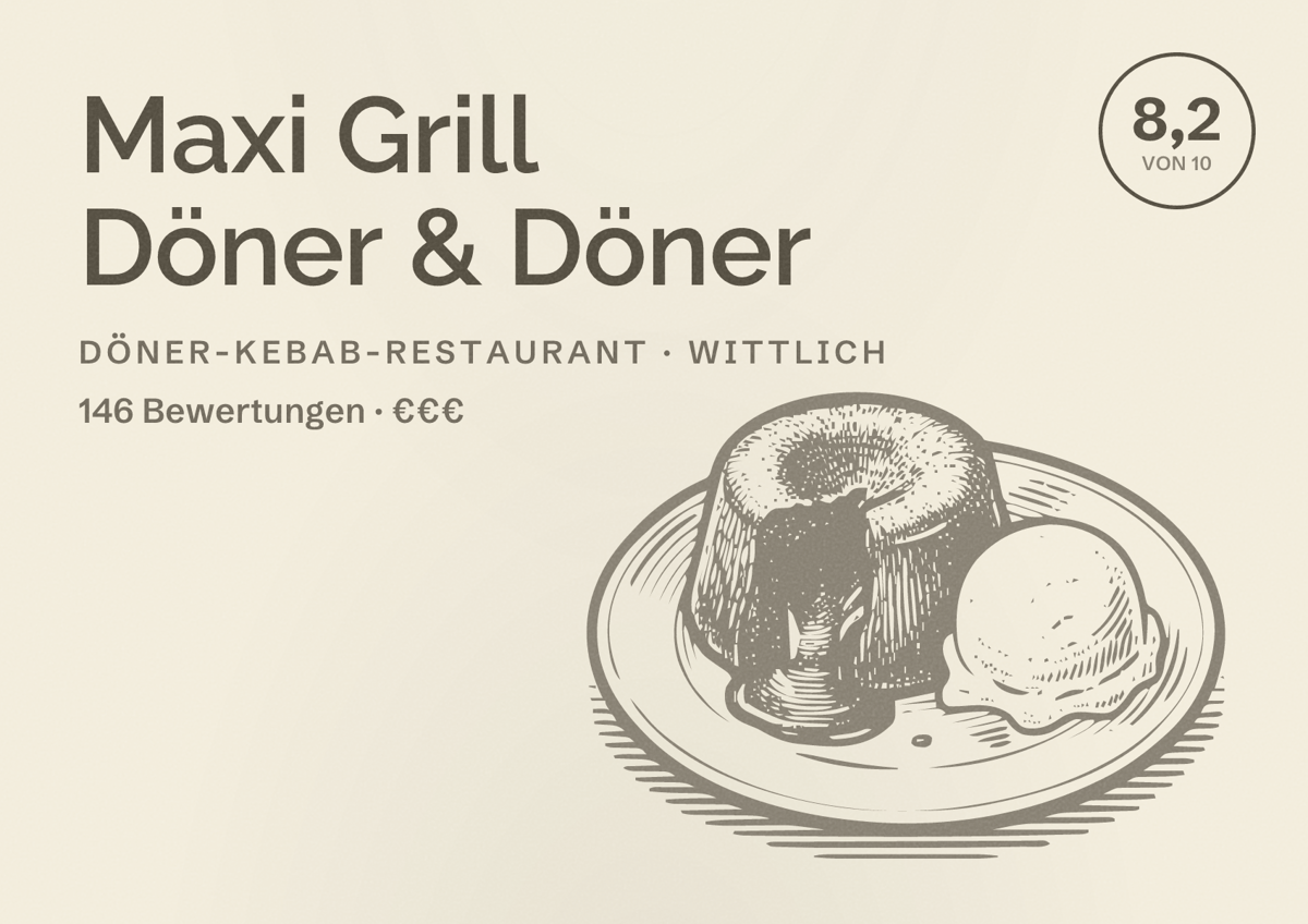 Illustriertes Poster von Maxi Grill Döner & Döner, Döner-Kebab-Restaurant in Wittlich: Bewertung 8,2 von 10 aus 146 Bewertungen, Preisniveau €€€