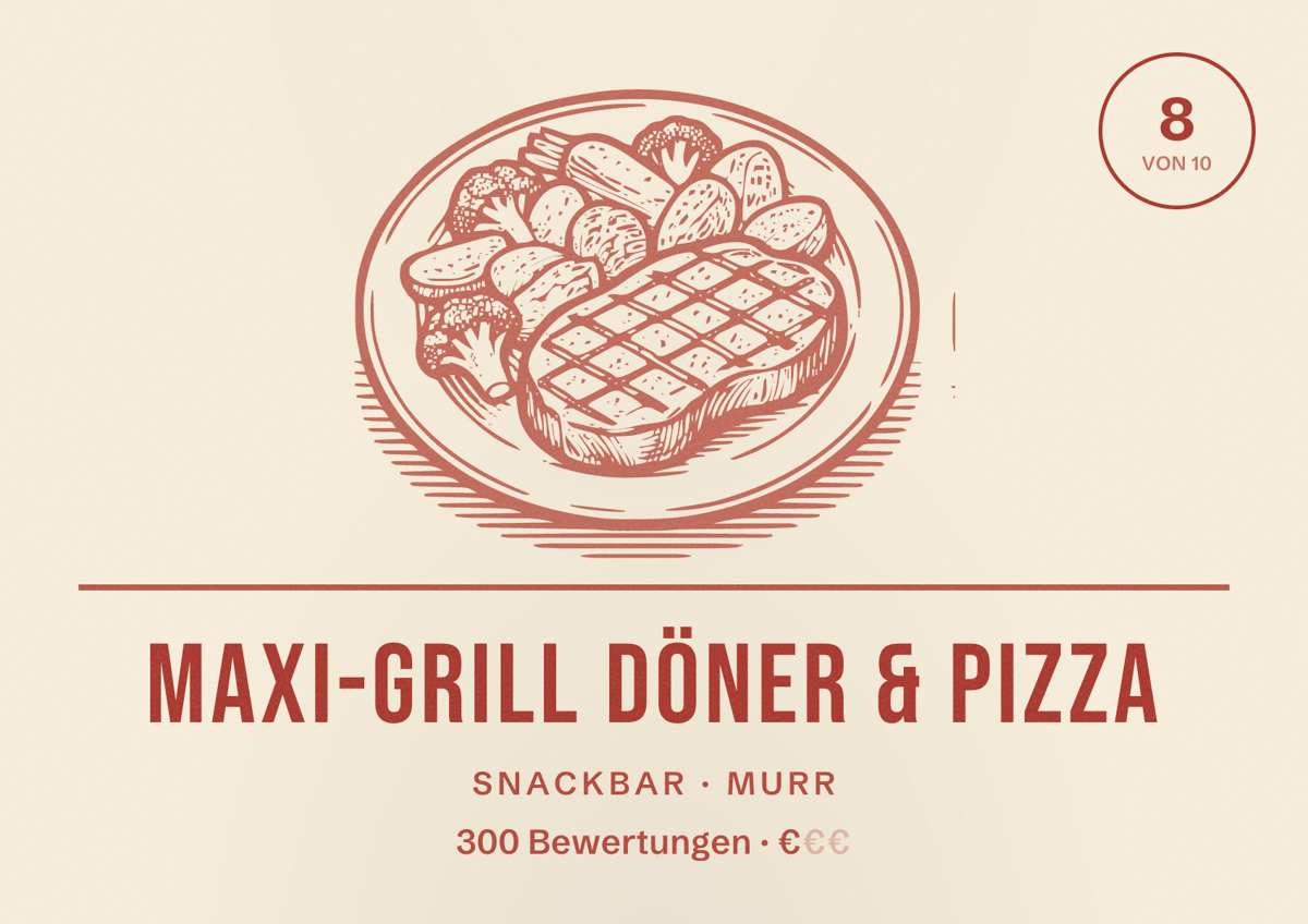 Illustriertes Poster von Maxi-Grill Döner & Pizza, Snackbar in Murr: Bewertung 8 von 10 aus 300 Bewertungen, Preisniveau €