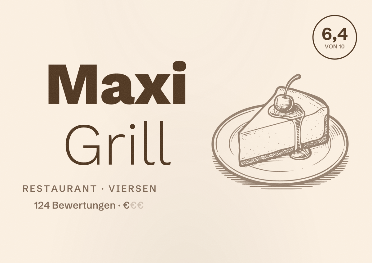 Illustriertes Poster von Maxi Grill, Restaurant in Viersen: Bewertung 6,4 von 10 aus 124 Bewertungen, Preisniveau €