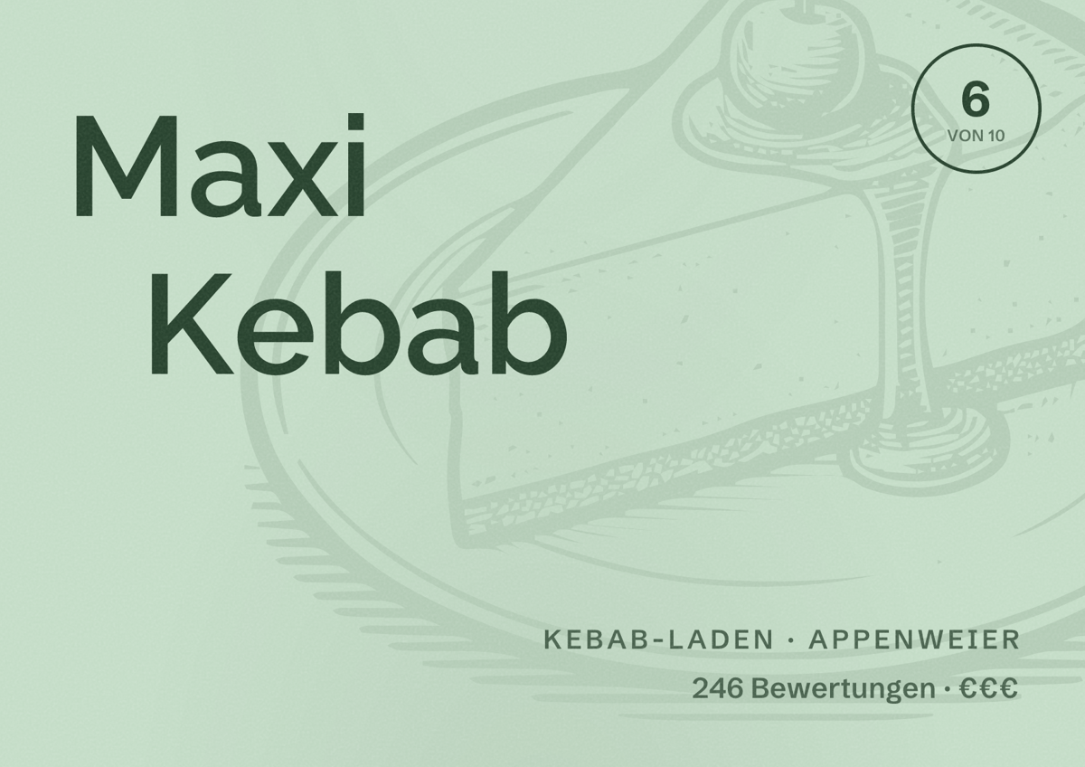 Illustriertes Poster von Maxi Kebab, Kebab-Laden in Appenweier: Bewertung 6 von 10 aus 246 Bewertungen, Preisniveau €€€
