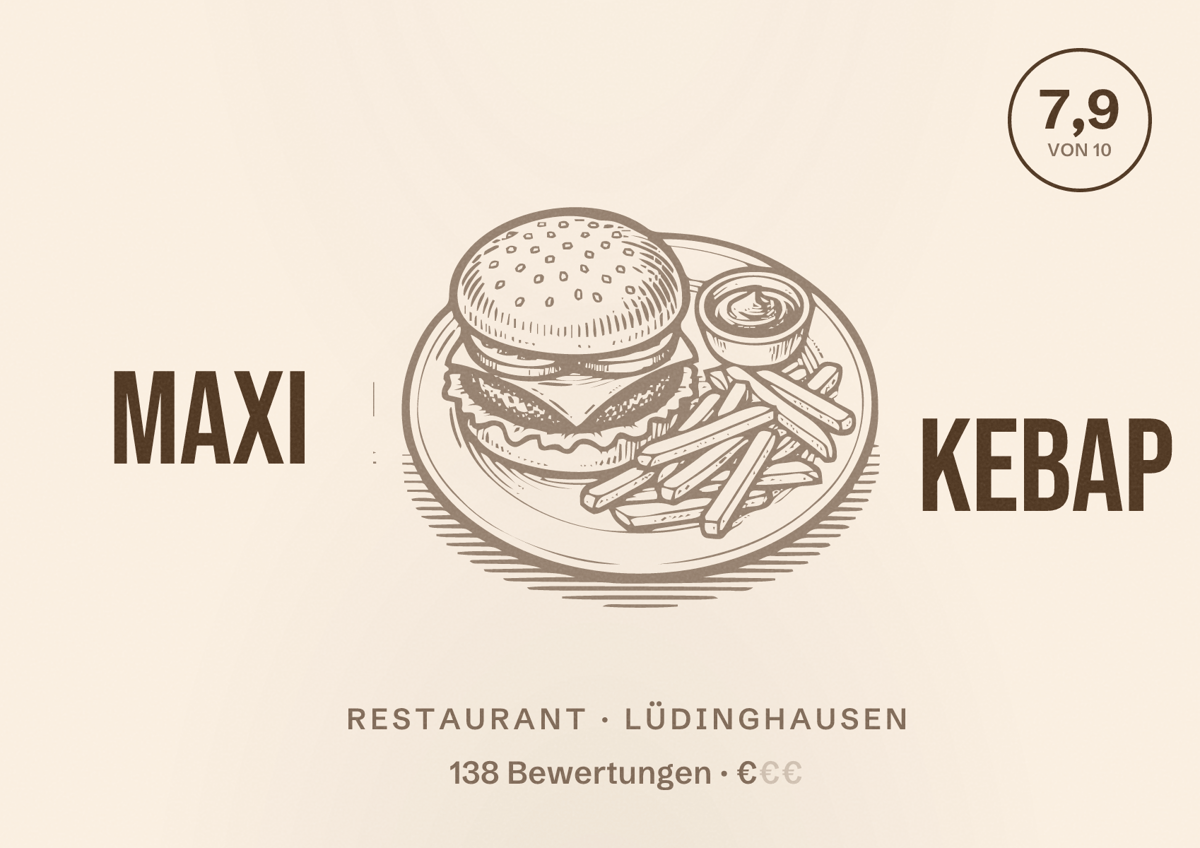 Illustriertes Poster von Maxi Kebap, Restaurant in Lüdinghausen: Bewertung 7,9 von 10 aus 138 Bewertungen, Preisniveau €