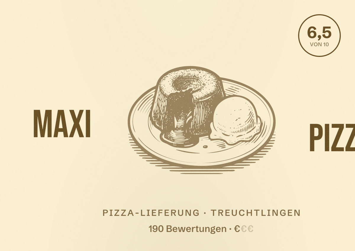 Illustriertes Poster von Maxi Pizza, Pizza-Lieferung in Treuchtlingen: Bewertung 6,5 von 10 aus 190 Bewertungen, Preisniveau €