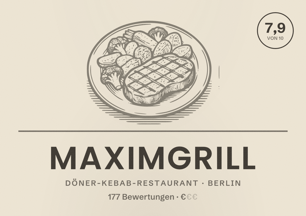 Illustriertes Poster von MaximGrill, Döner-Kebab-Restaurant in Berlin: Bewertung 7,9 von 10 aus 177 Bewertungen, Preisniveau €