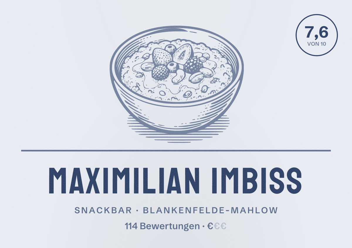 Illustriertes Poster von Maximilian Imbiss, Snackbar in Blankenfelde-Mahlow: Bewertung 7,6 von 10 aus 114 Bewertungen, Preisniveau €