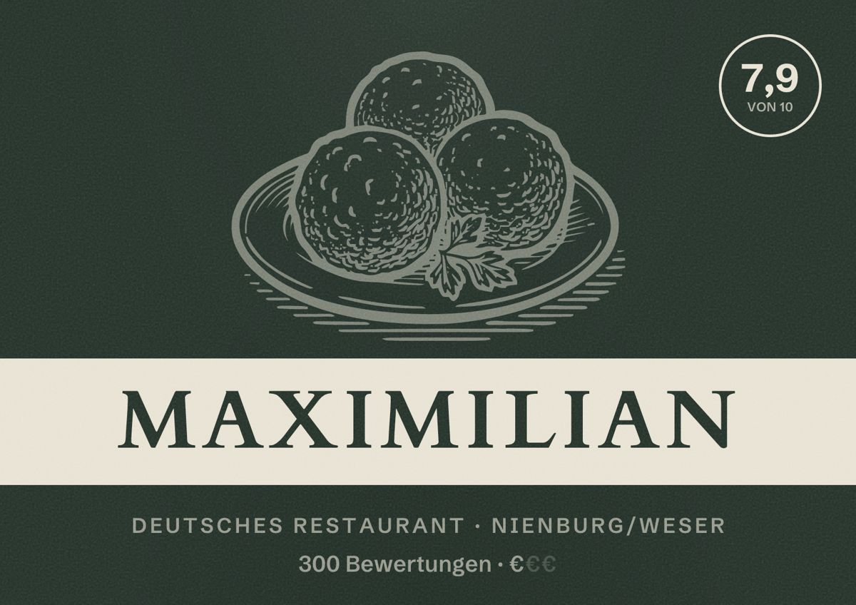 Illustriertes Poster von maximilian, Deutsches Restaurant in Nienburg/Weser: Bewertung 7,9 von 10 aus 300 Bewertungen, Preisniveau €