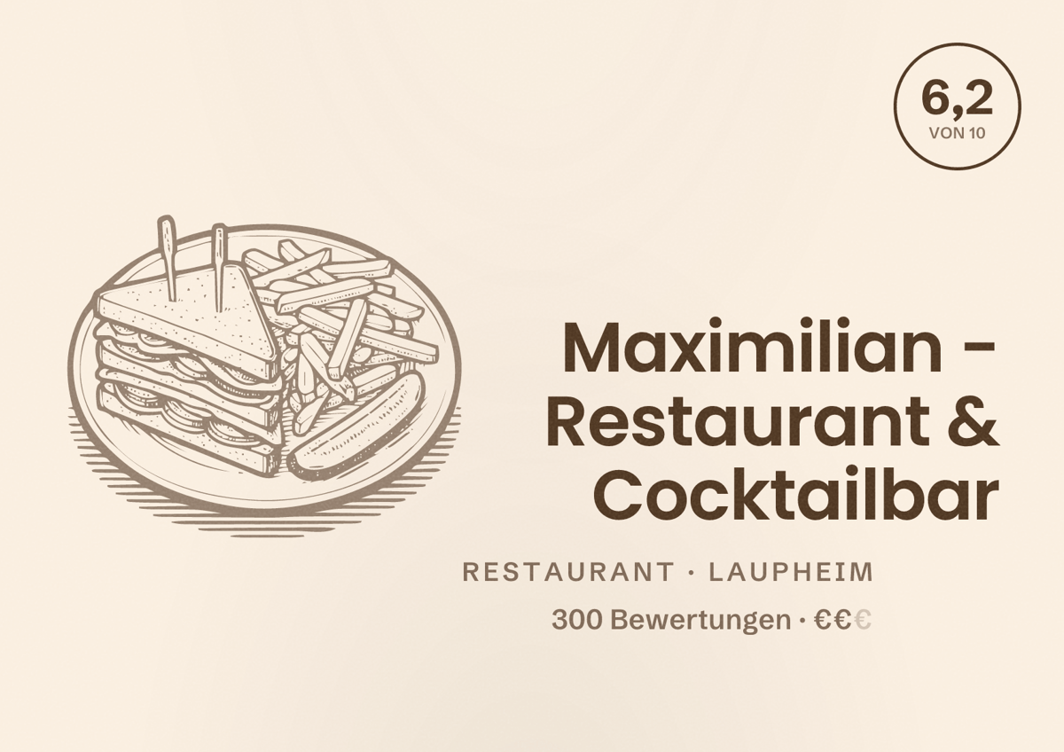 Illustriertes Poster von Maximilian - Restaurant & Cocktailbar, Restaurant in Laupheim: Bewertung 6,2 von 10 aus 300 Bewertungen, Preisniveau €€
