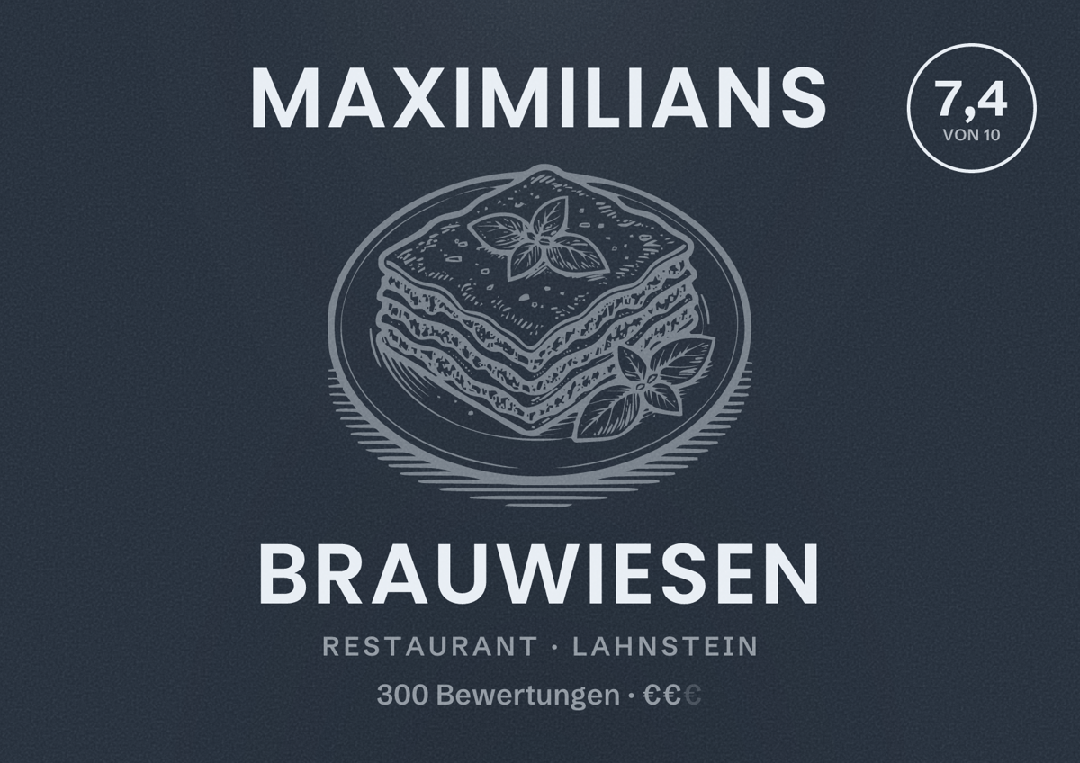 Illustriertes Poster von Maximilians Brauwiesen, Restaurant in Lahnstein: Bewertung 7,4 von 10 aus 300 Bewertungen, Preisniveau €€