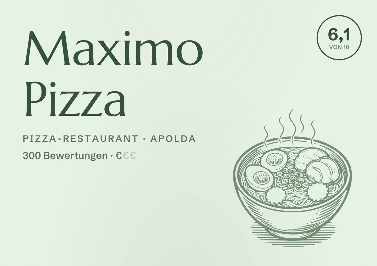 Illustriertes Poster von Maximo Pizza, Pizza-Restaurant in Apolda: Bewertung 6,1 von 10 aus 300 Bewertungen, Preisniveau €