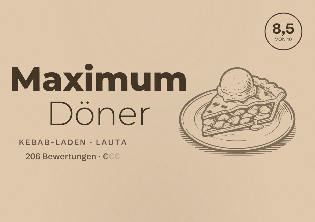 Illustriertes Poster von Maximum Döner, Kebab-Laden in Lauta: Bewertung 8,5 von 10 aus 206 Bewertungen, Preisniveau €