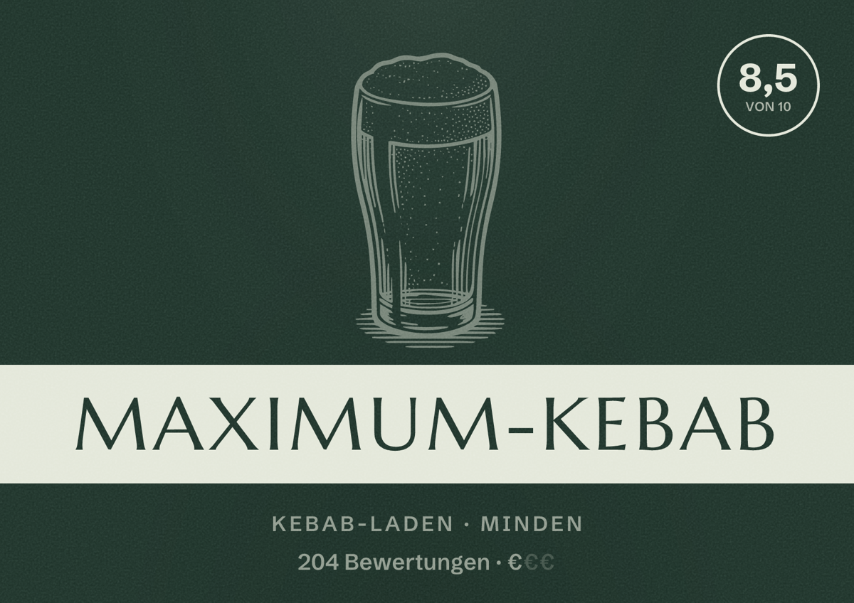 Illustriertes Poster von Maximum-Kebab, Kebab-Laden in Minden: Bewertung 8,5 von 10 aus 204 Bewertungen, Preisniveau €