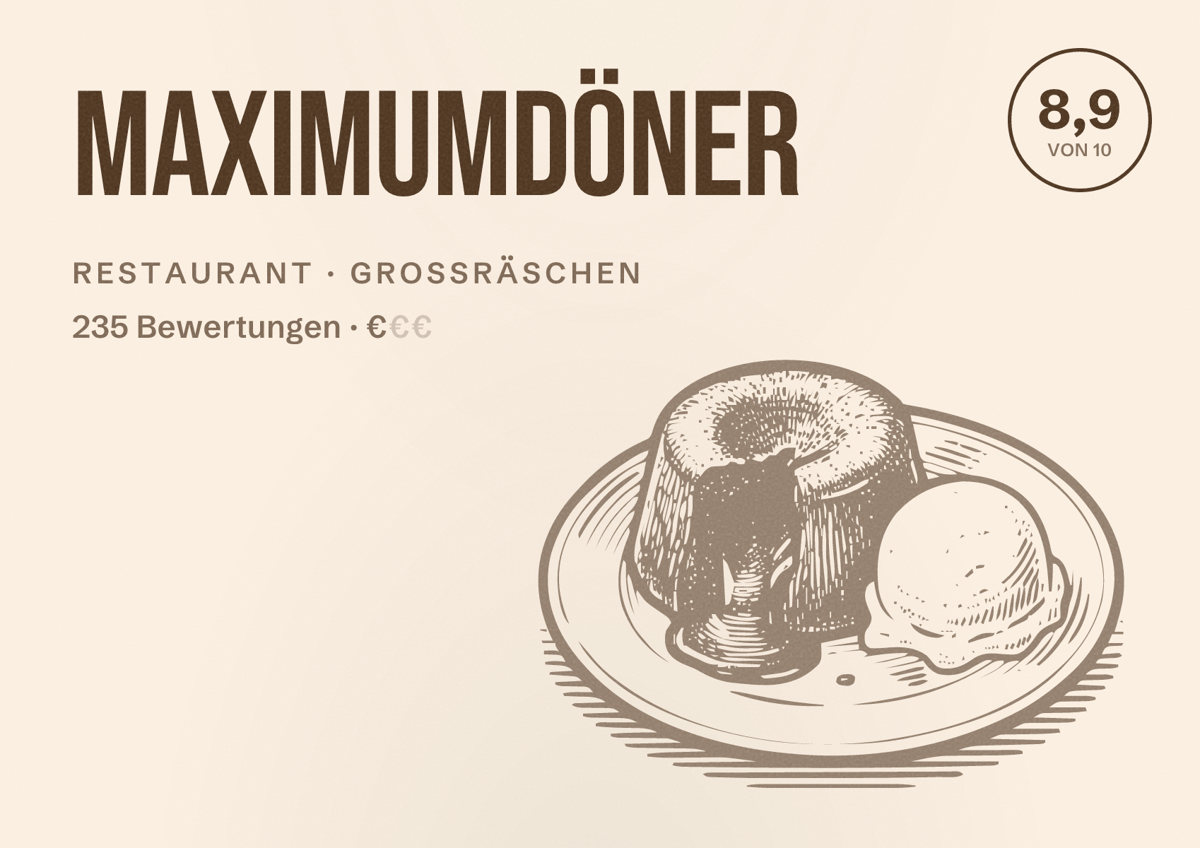 Illustriertes Poster von Maximumdöner, Restaurant in Großräschen: Bewertung 8,9 von 10 aus 235 Bewertungen, Preisniveau €
