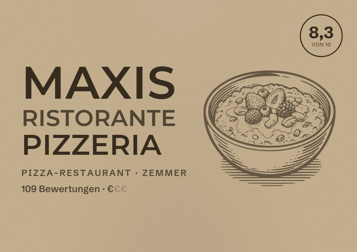 Illustriertes Poster von Maxis Ristorante Pizzeria, Pizza-Restaurant in Zemmer: Bewertung 8,3 von 10 aus 109 Bewertungen, Preisniveau €