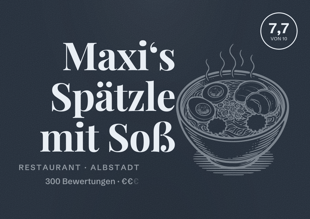 Illustriertes Poster von Maxi‘s Spätzle mit Soß, Restaurant in Albstadt: Bewertung 7,7 von 10 aus 300 Bewertungen, Preisniveau €€