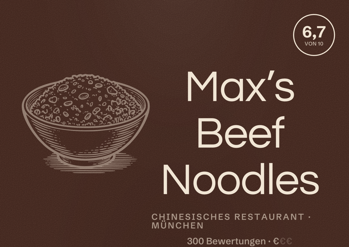 Illustriertes Poster von Max’s Beef Noodles, Chinesisches Restaurant in München: Bewertung 6,7 von 10 aus 300 Bewertungen, Preisniveau €