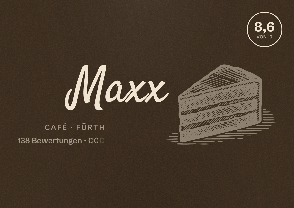 Illustriertes Poster von Maxx, Café in Fürth: Bewertung 8,6 von 10 aus 138 Bewertungen, Preisniveau €€