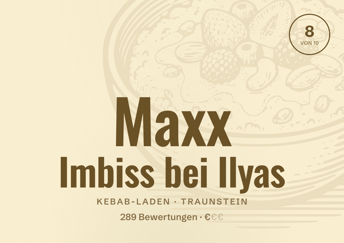 Illustriertes Poster von Maxx Imbiss bei Ilyas, Kebab-Laden in Traunstein: Bewertung 8 von 10 aus 289 Bewertungen, Preisniveau €