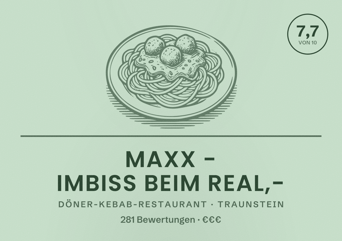 Illustriertes Poster von Maxx - Imbiss beim real,-, Döner-Kebab-Restaurant in Traunstein: Bewertung 7,7 von 10 aus 281 Bewertungen, Preisniveau €€€
