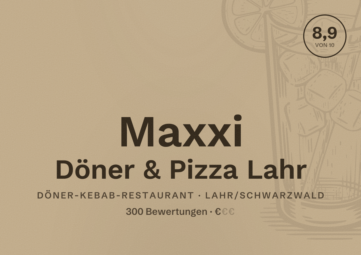 Illustriertes Poster von Maxxi Döner & Pizza Lahr, Döner-Kebab-Restaurant in Lahr/Schwarzwald: Bewertung 8,9 von 10 aus 300 Bewertungen, Preisniveau €