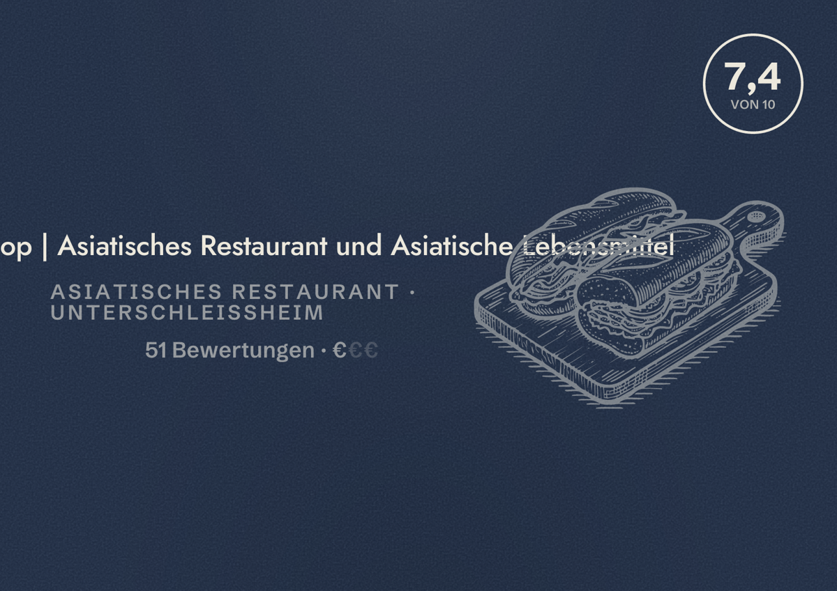 Illustriertes Poster von May Asia Shop | Asiatisches Restaurant und Asiatische Lebensmittel, Asiatisches Restaurant in Unterschleißheim: Bewertung 7,4 von 10 aus 51 Bewertungen, Preisniveau €