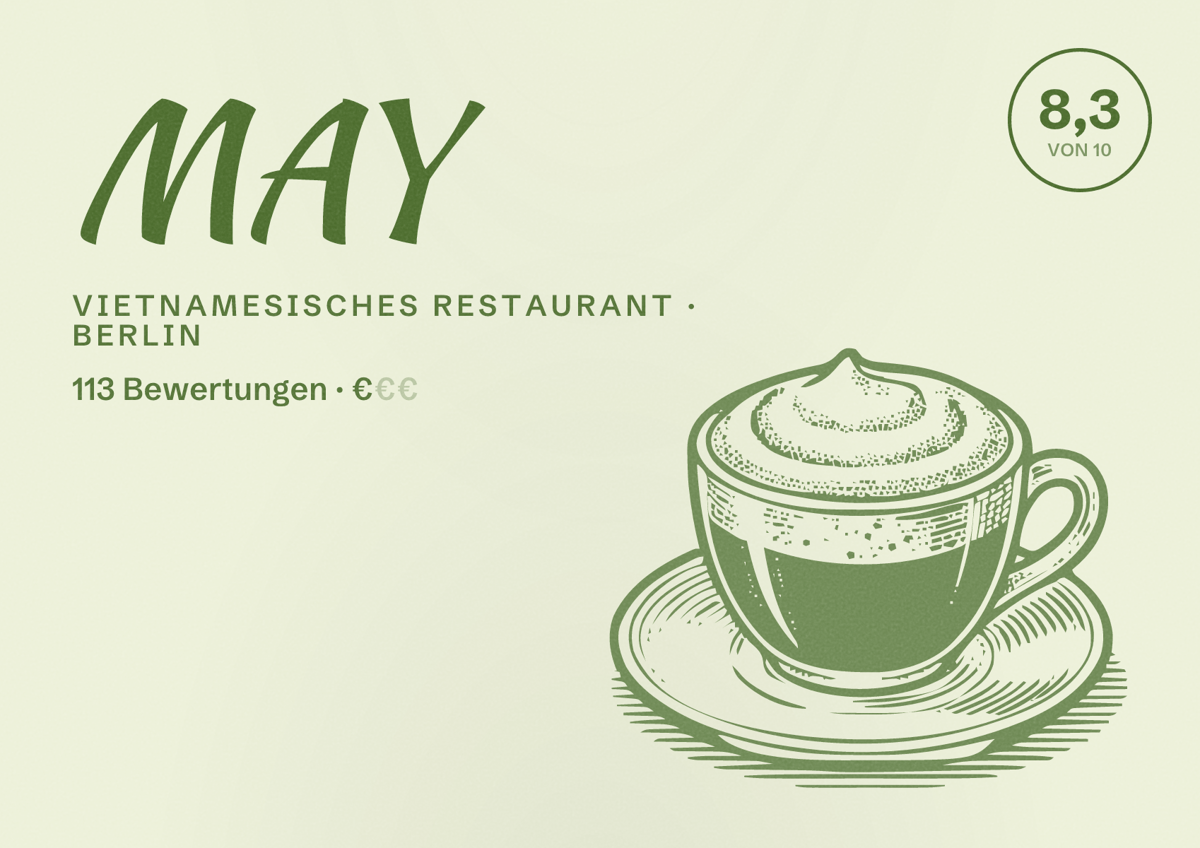 Illustriertes Poster von MAY, Vietnamesisches Restaurant in Berlin: Bewertung 8,3 von 10 aus 113 Bewertungen, Preisniveau €