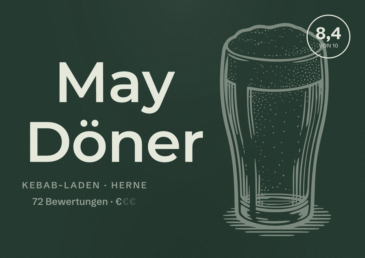 Illustriertes Poster von May Döner, Kebab-Laden in Herne: Bewertung 8,4 von 10 aus 72 Bewertungen, Preisniveau €
