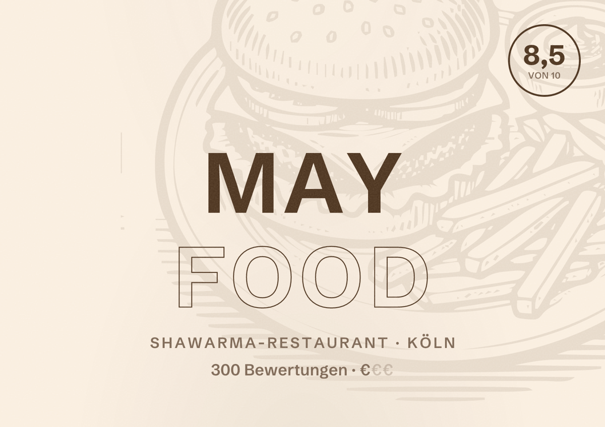 Illustriertes Poster von May Food, Shawarma-Restaurant in Köln: Bewertung 8,5 von 10 aus 300 Bewertungen, Preisniveau €