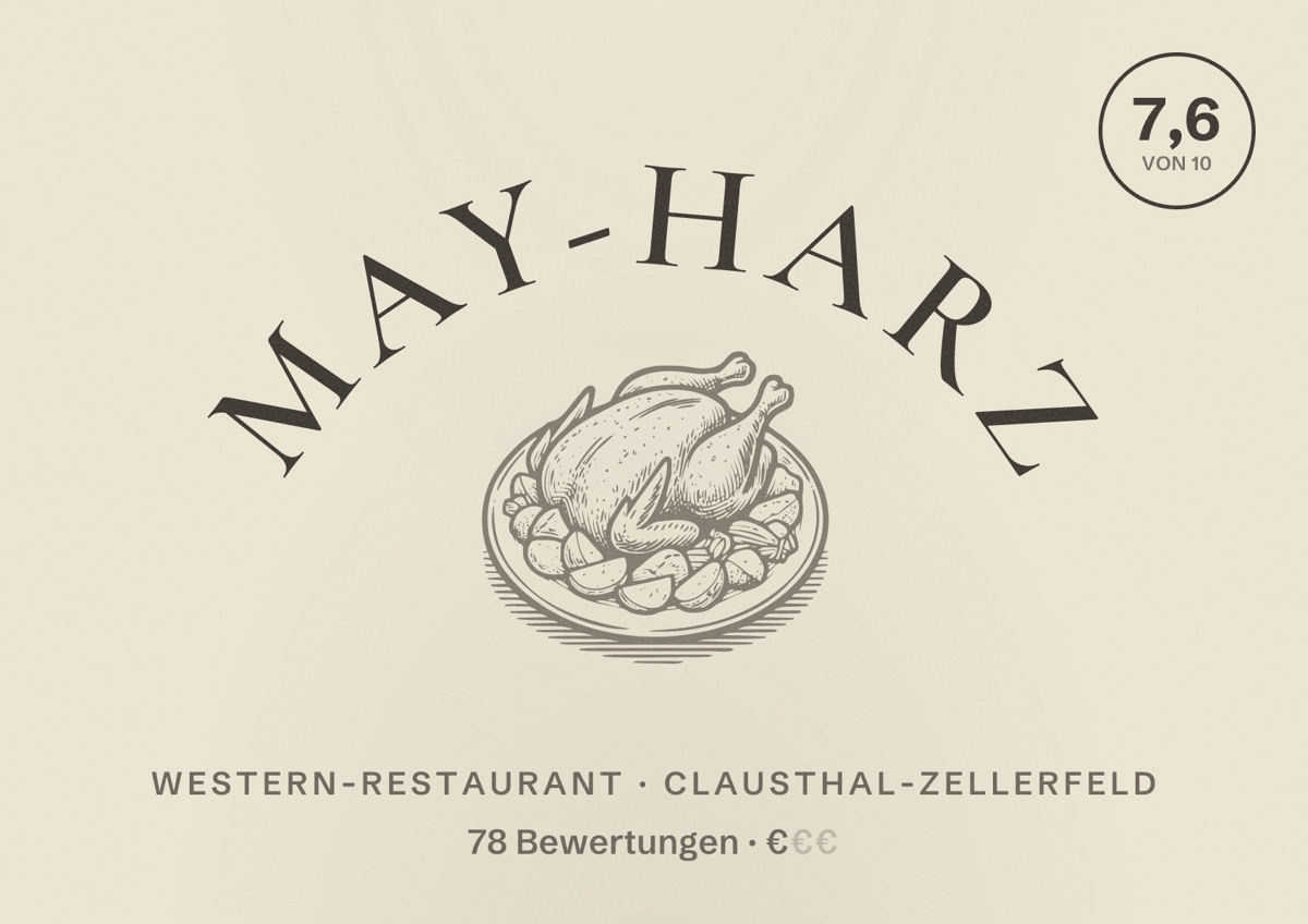 Illustriertes Poster von May-harz, Western-Restaurant in Clausthal-Zellerfeld: Bewertung 7,6 von 10 aus 78 Bewertungen, Preisniveau €