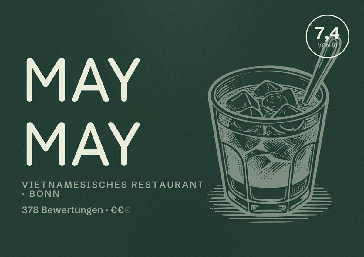 Illustriertes Poster von May May, Vietnamesisches Restaurant in Bonn: Bewertung 7,4 von 10 aus 378 Bewertungen, Preisniveau €€