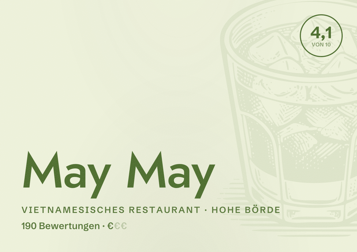 Illustriertes Poster von May May, Vietnamesisches Restaurant in Hohe Börde: Bewertung 4,1 von 10 aus 190 Bewertungen, Preisniveau €