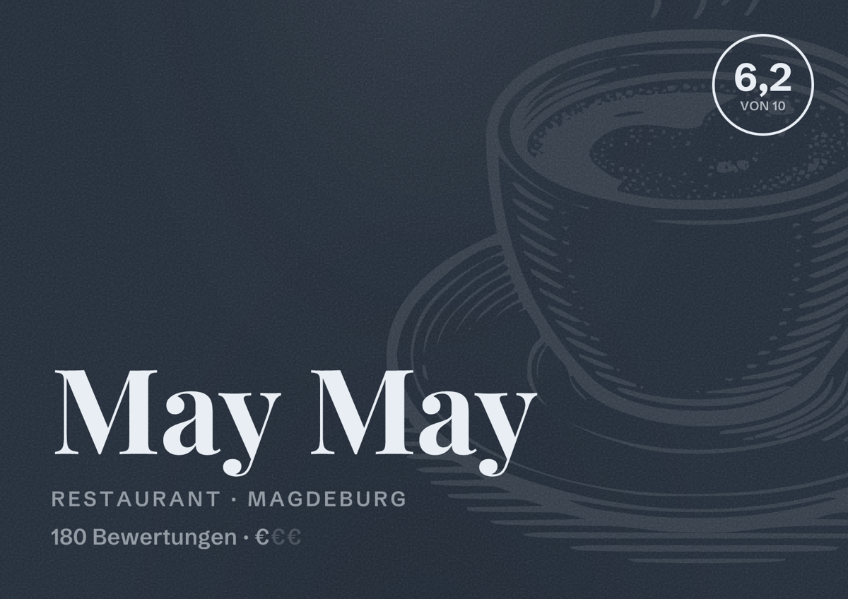 Illustriertes Poster von May May, Restaurant in Magdeburg: Bewertung 6,2 von 10 aus 180 Bewertungen, Preisniveau €
