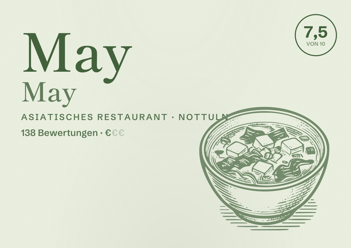 Illustriertes Poster von May May, Asiatisches Restaurant in Nottuln: Bewertung 7,5 von 10 aus 138 Bewertungen, Preisniveau €