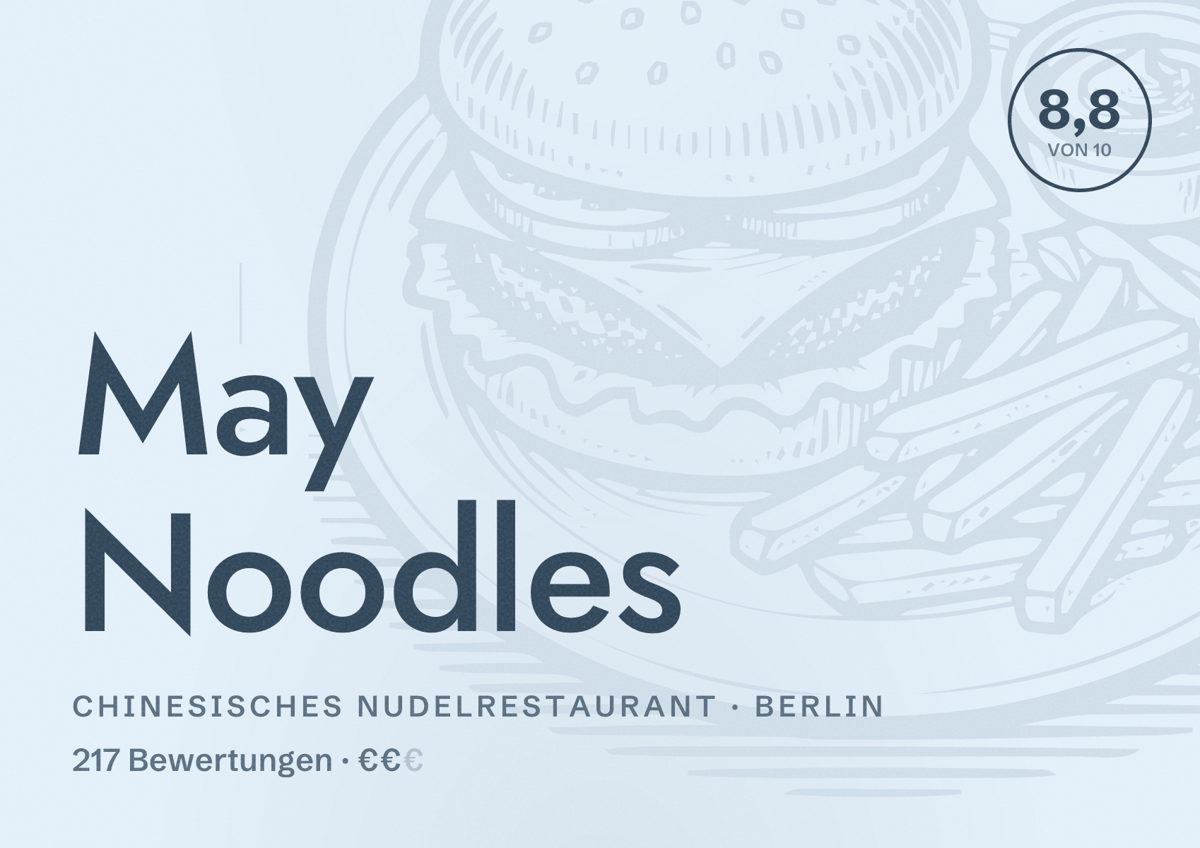 Illustriertes Poster von May Noodles, Chinesisches Nudelrestaurant in Berlin: Bewertung 8,8 von 10 aus 217 Bewertungen, Preisniveau €€