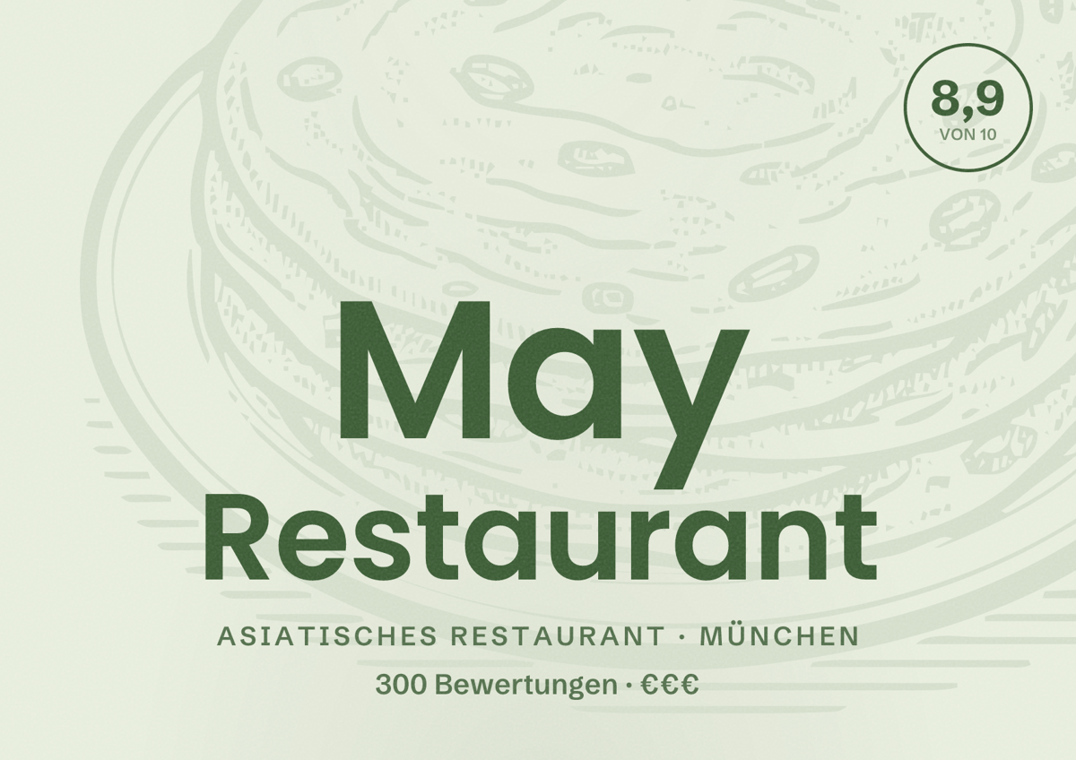Illustriertes Poster von May Restaurant, Asiatisches Restaurant in München: Bewertung 8,9 von 10 aus 300 Bewertungen, Preisniveau €€€
