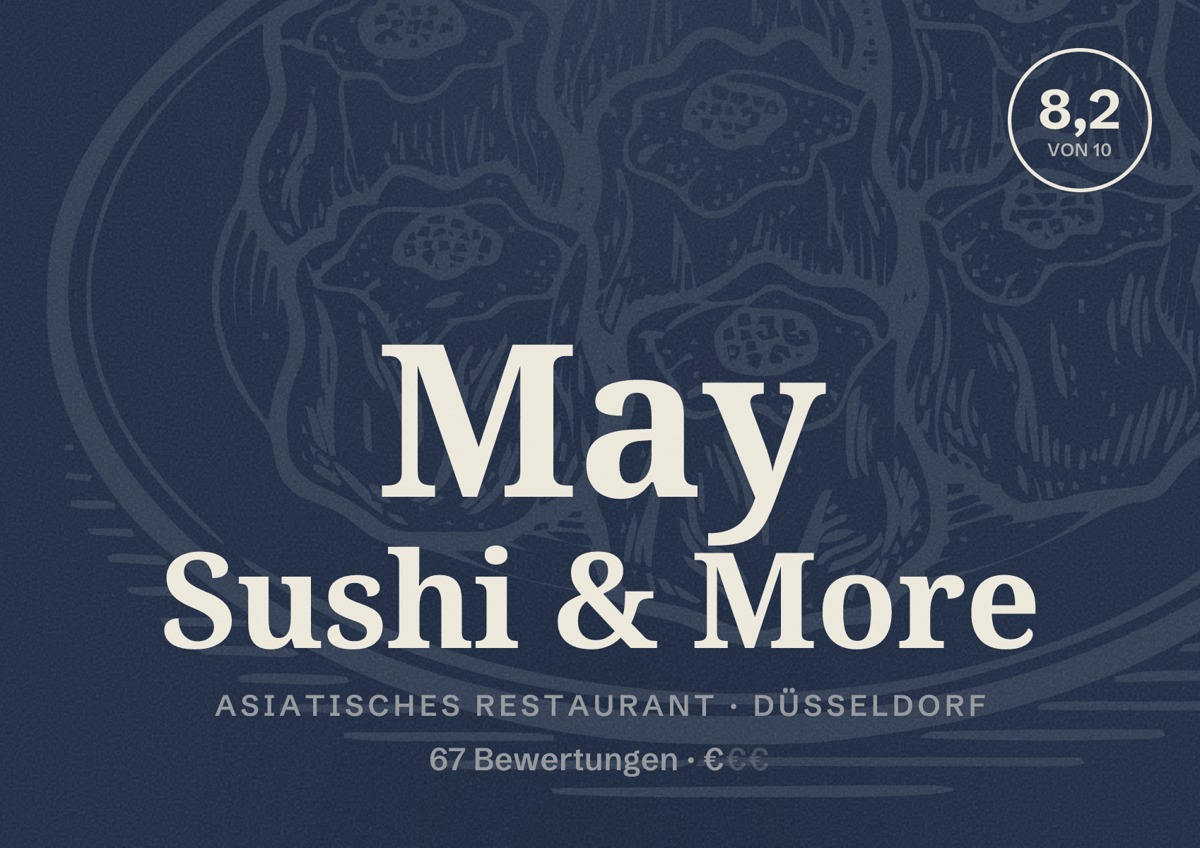 Illustriertes Poster von May Sushi & More, Asiatisches Restaurant in Düsseldorf: Bewertung 8,2 von 10 aus 67 Bewertungen, Preisniveau €